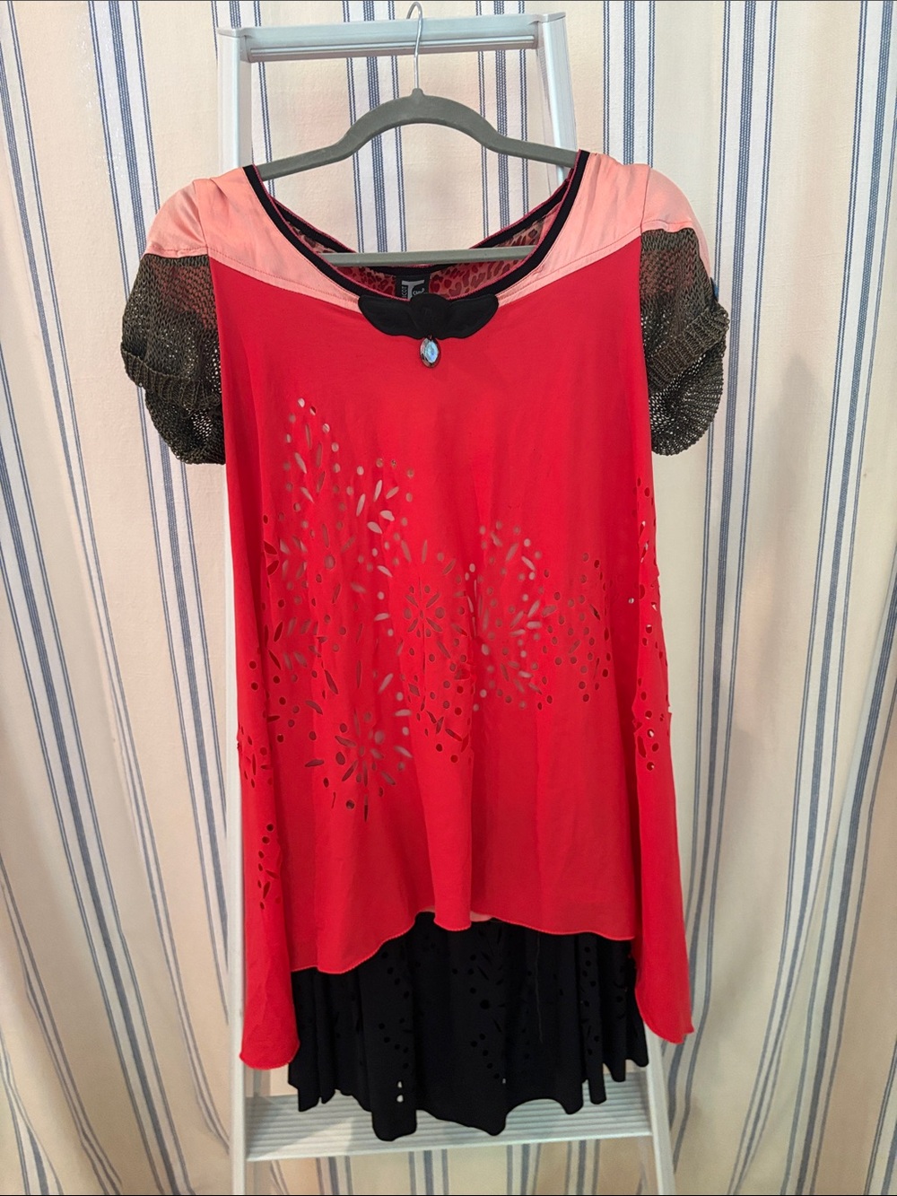 Italian Red, Blk, Grey, Pink Laser-Cut Tunic Dress with Black Layering